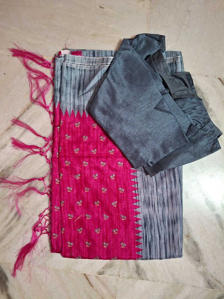 Pink &amp; Gray Silk Saree + Blouse