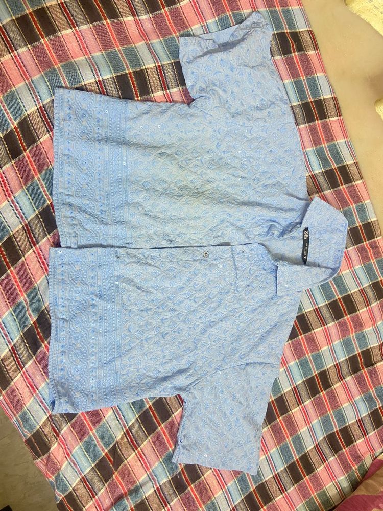 Light Blue Textured Short Sleeve Shirt