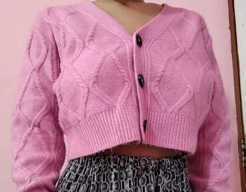 Pink Cropped Cardigan