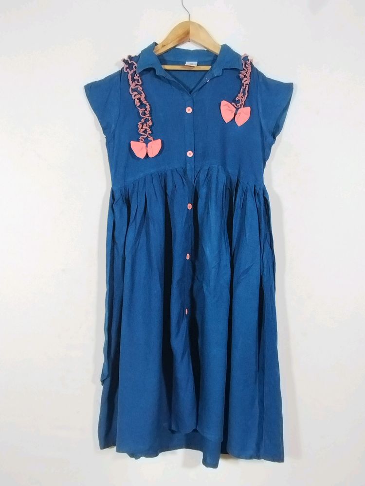 Teal Blue Printed Collar Neck Dress (Girls)