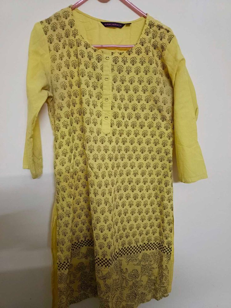 Yellow Cotton Kurta Knee Length