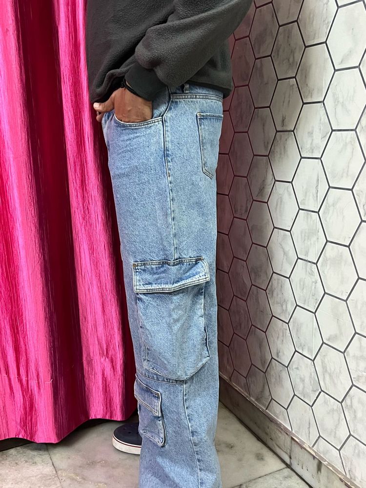 Light Wash Denim Cargo Pants