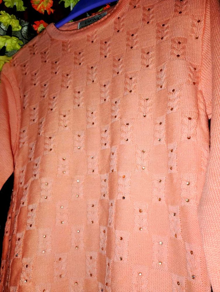 Peach Embellished Knit Sweater