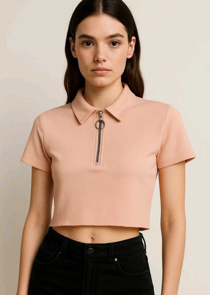 Peach Zip-Up Crop Polo