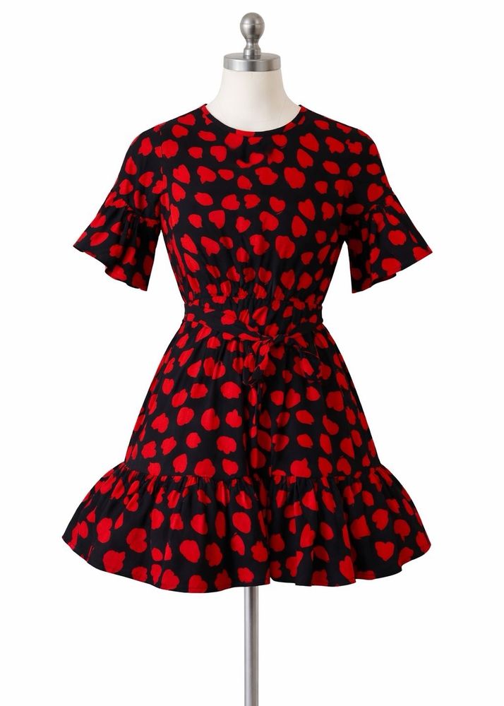 Red &amp; Black Print Ruffle Dress