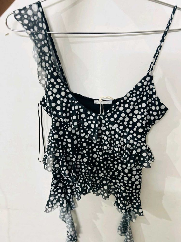 ZARA Printed Tulle Top With Ruffles