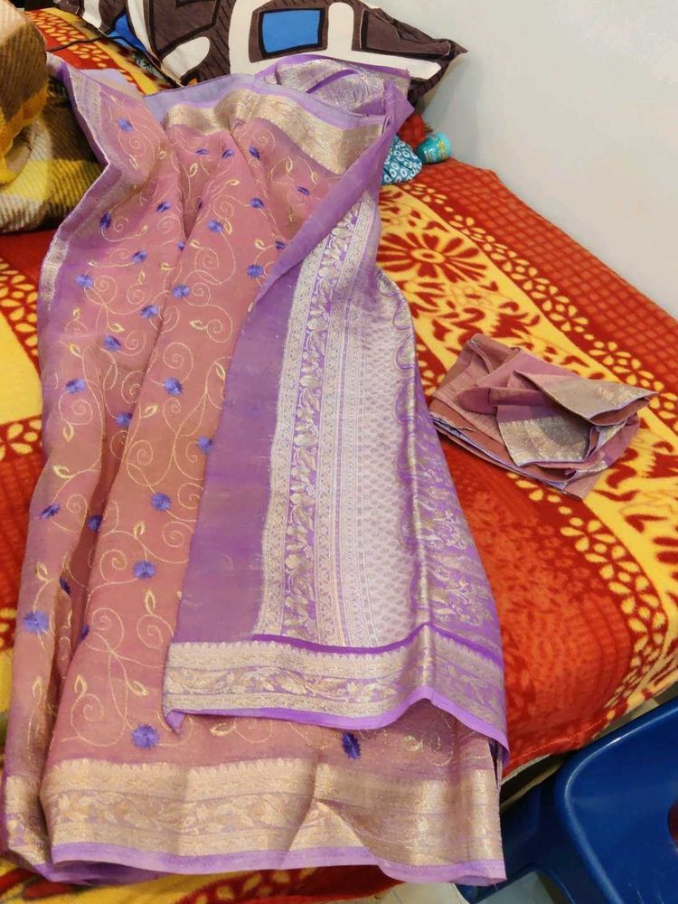 Elegant Embroidered Saree with stiched blouse