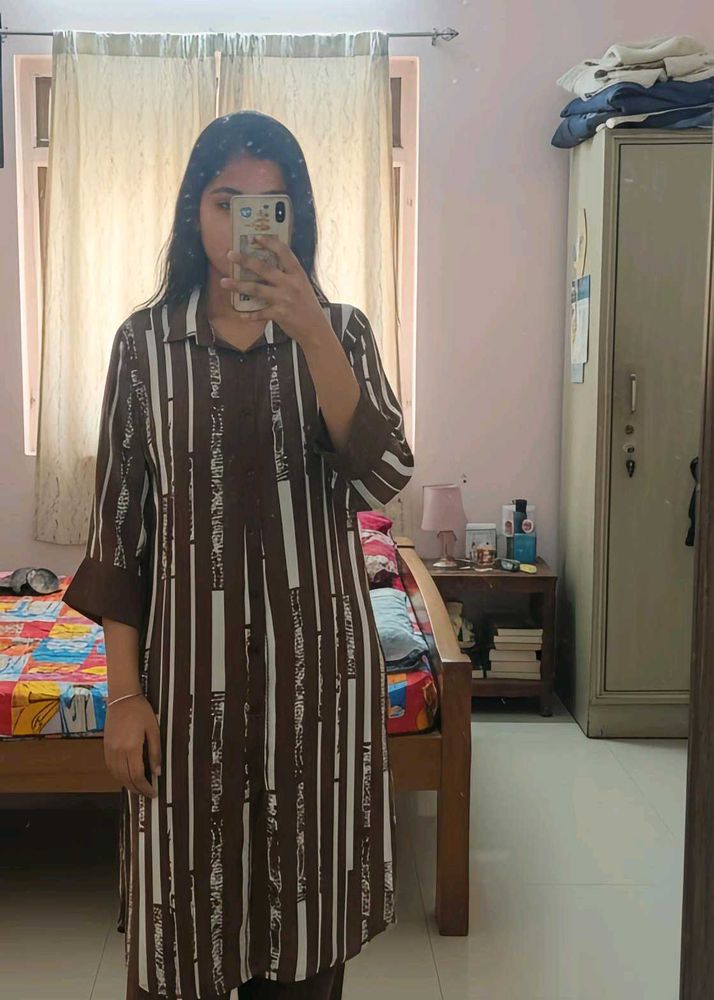 😍SALE😍Brown &amp; White Striped Kurti with Pant Set