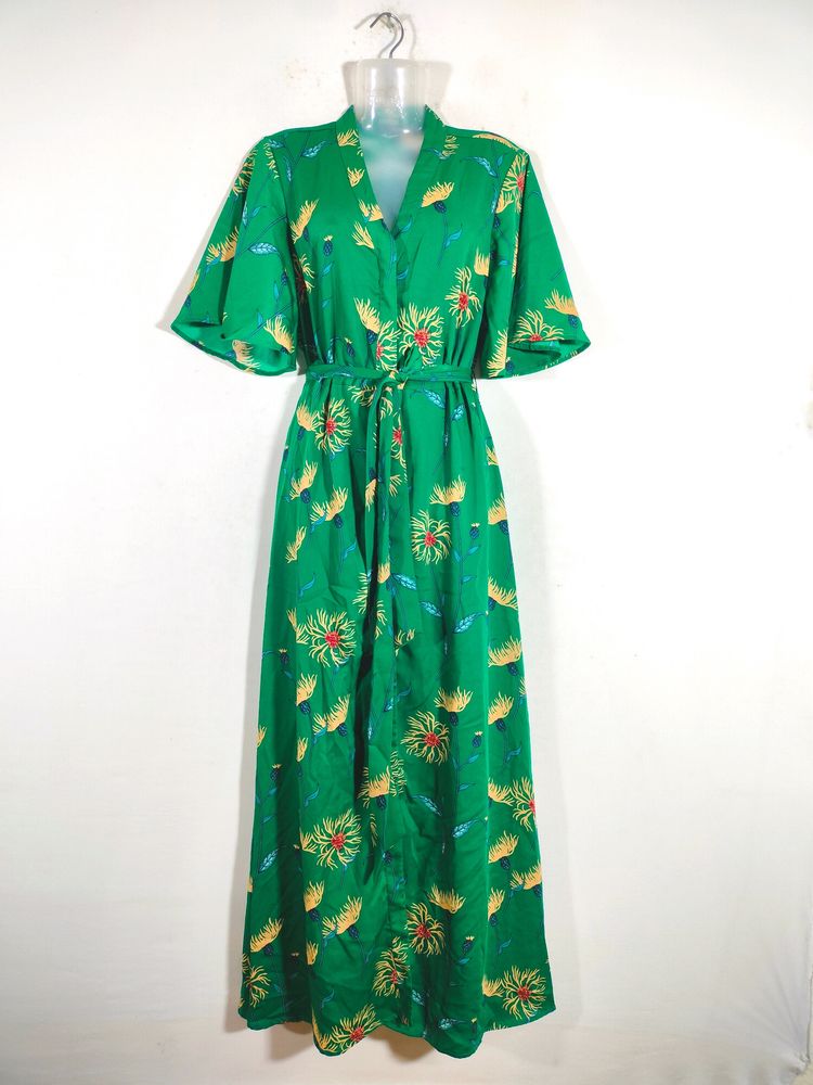 Green With Cream Floral Maxi Dresses (Women&#39;s)