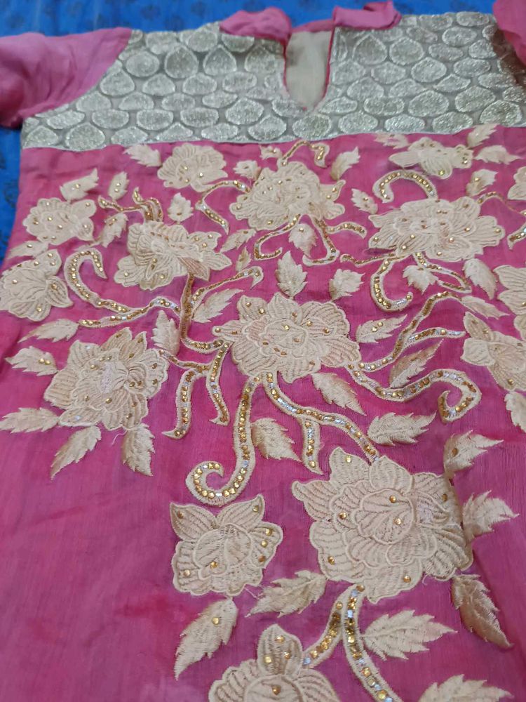 Pink Embroidered suit with bottom and dupatta