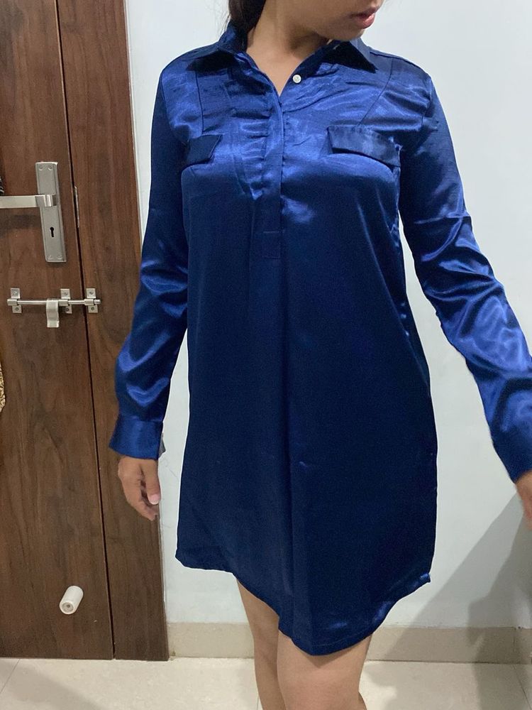 Navy Blue Satin Shirt Dress