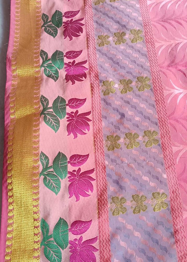 Pink Floral Saree with Gold Border