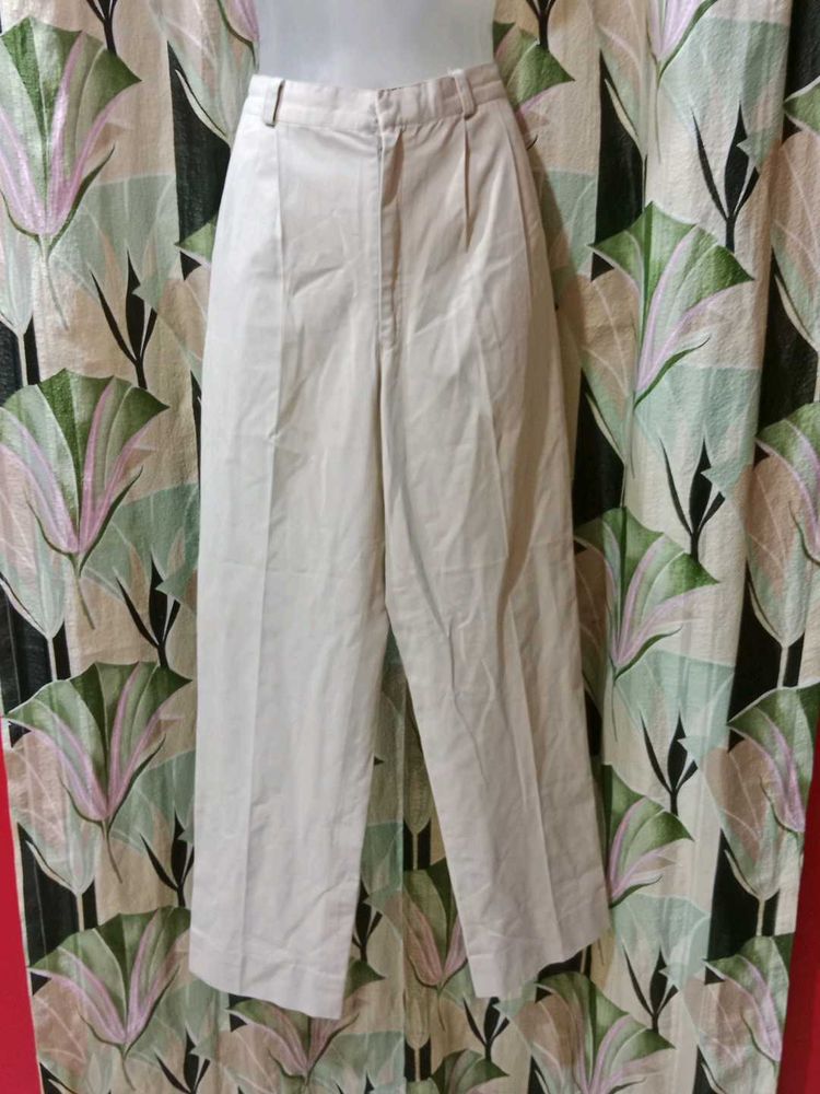Beige Pleated Wide Leg Trousers