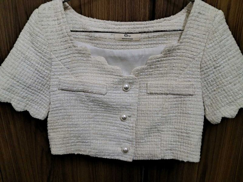 Korean Cream Top With Big Pearl Buttons Like New