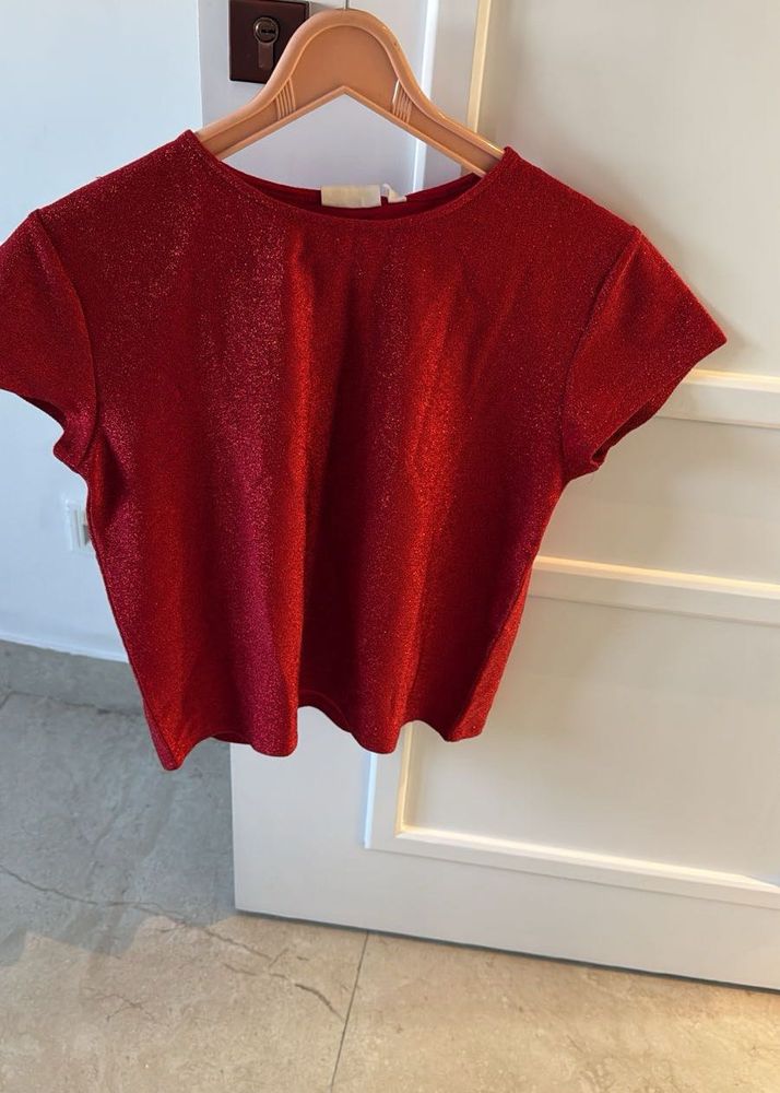Red Glitter Short Sleeve Top