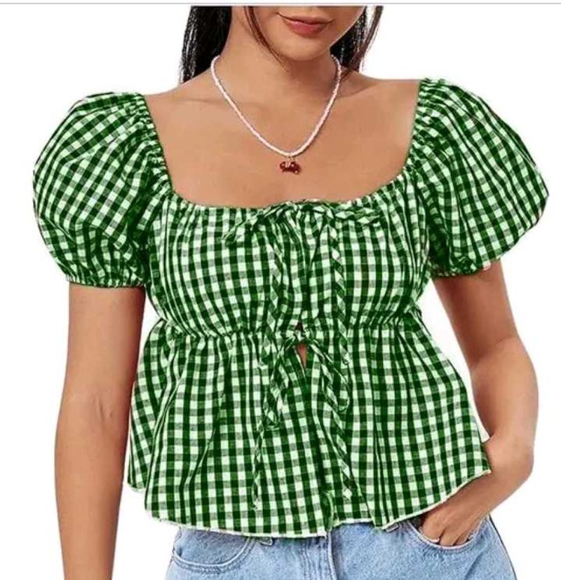 Green Gingham Puff Sleeve Top