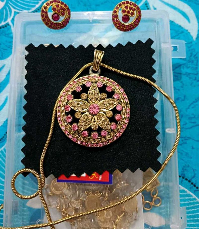 Price Drop- Pink AD Stone Necklace With earring