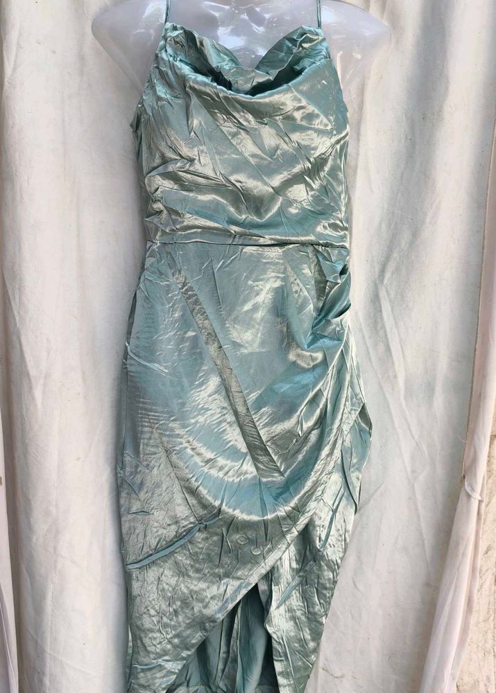 14171. Silky Green Cowl Neck Dress