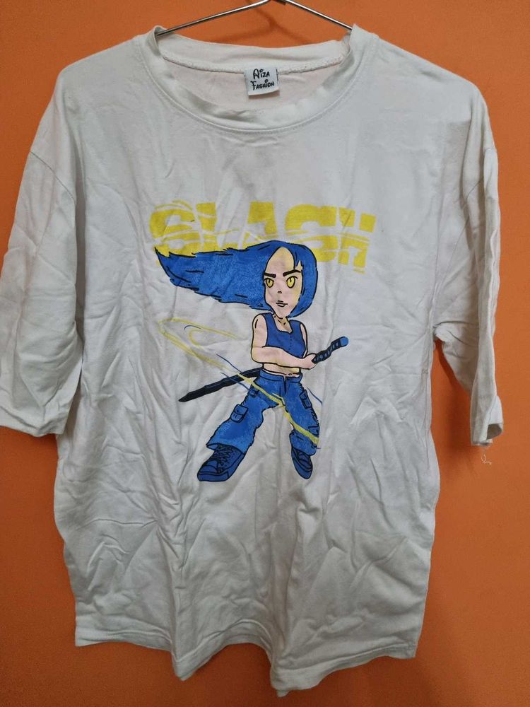 White &#34;SLASH&#34; Anime Print T-Shirt