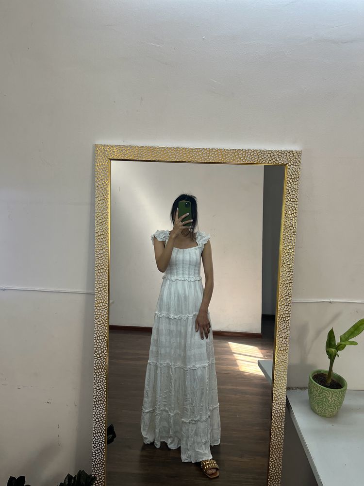 PQ Smocked White Long Maxi With Sequins Detail