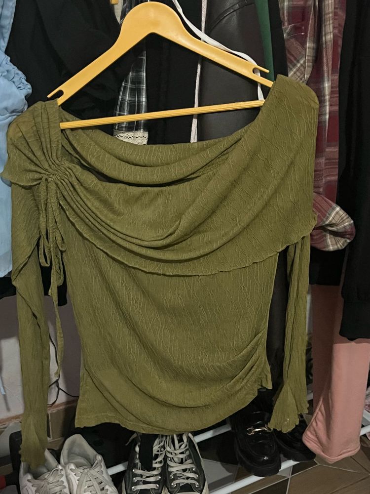 Olive Green Ruched Off-Shoulder Top