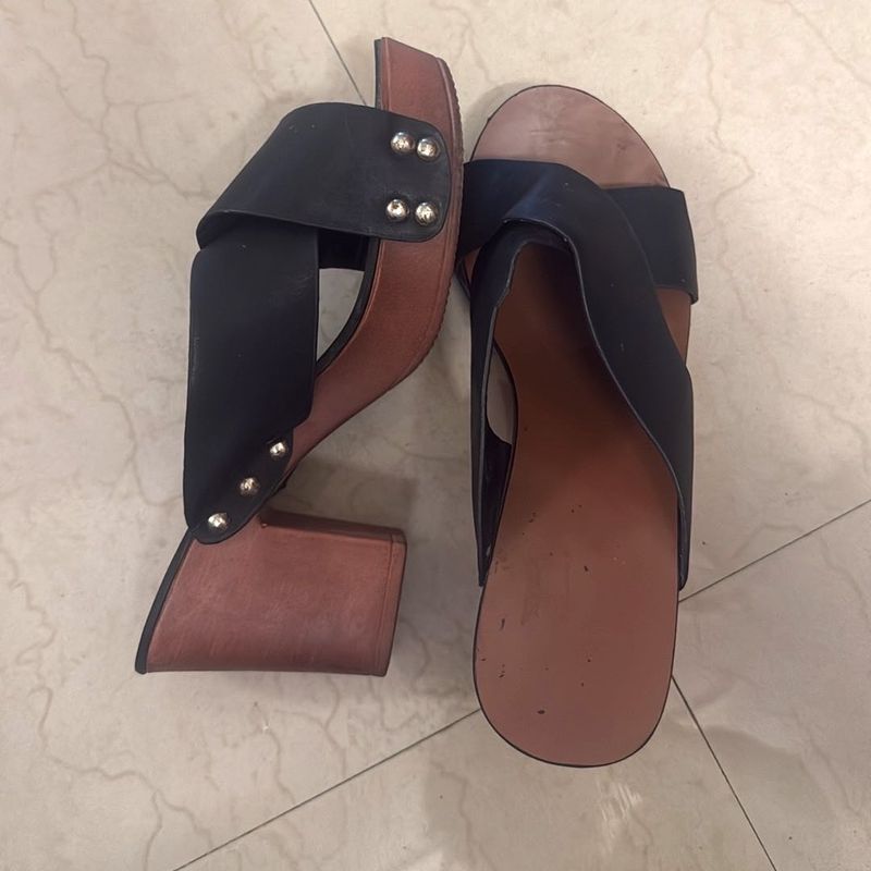 Black Leather &amp; Wood Heeled Mules
