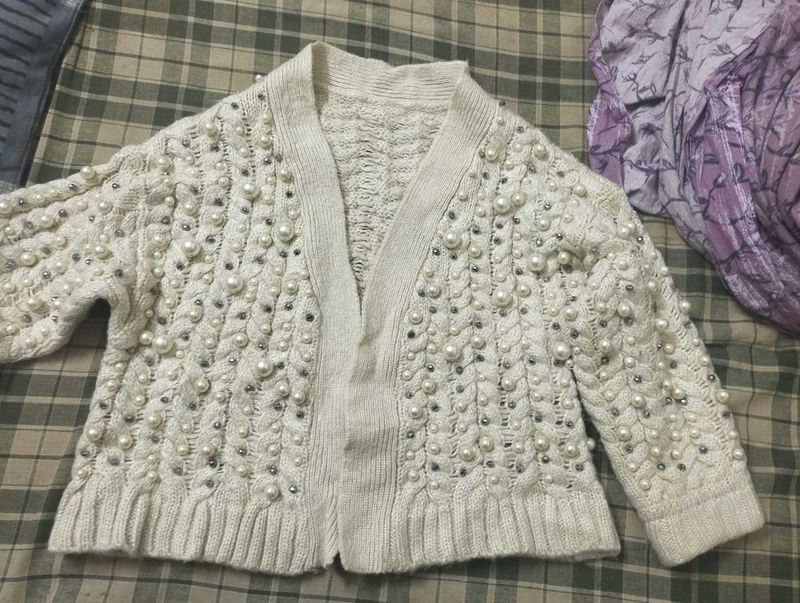 Cream Pearl Embellished Knit Cardigan