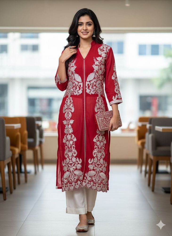 Red Embroidered Kurta