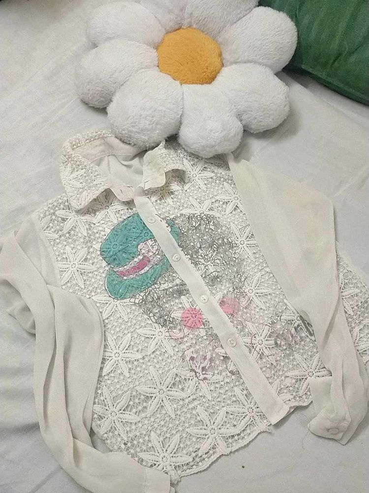 Floral White Blouse With Sheer Sleeves
