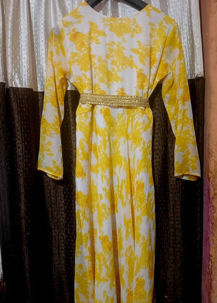 Yellow Floral Dress with Gold Belt