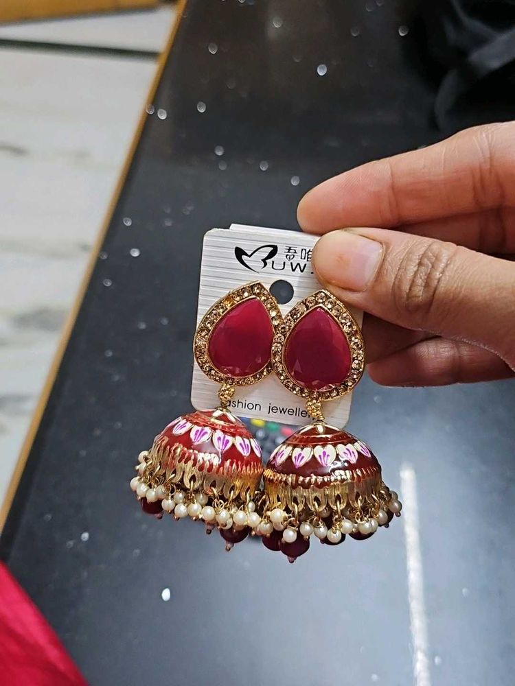 Red Jhumka Earrings