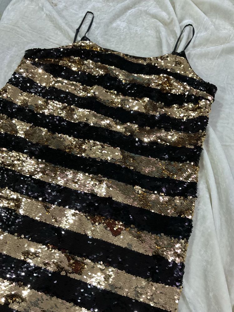 Gold Sequin Striped Knee Length Dress