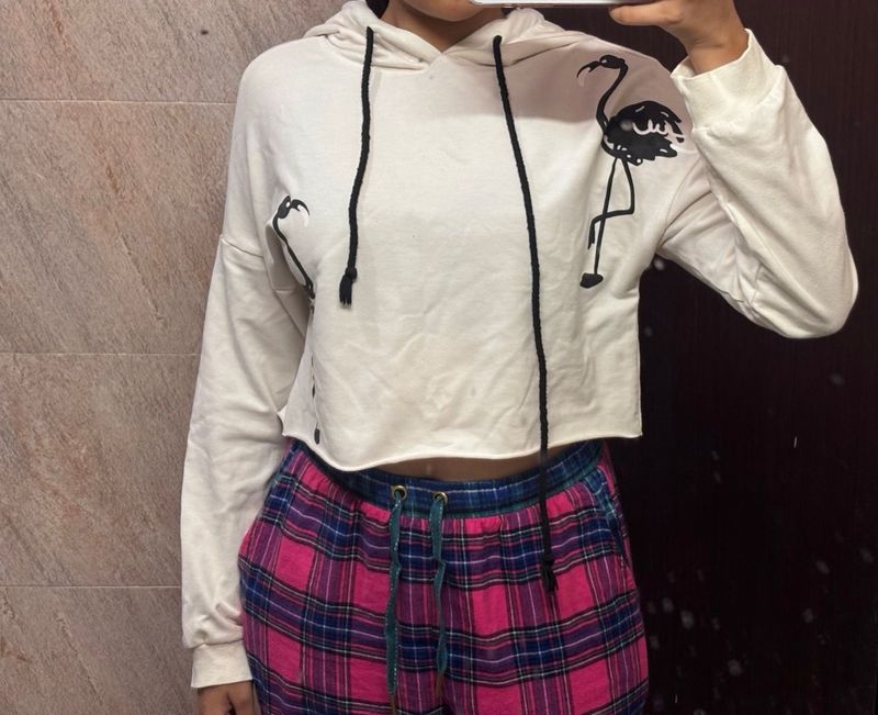 Cropped Flamingo Print White Hoodie