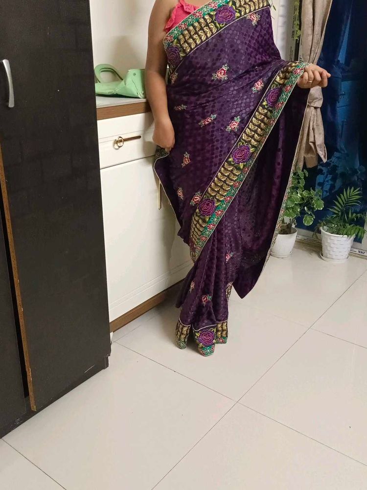 Purple Floral Embroidered Saree
