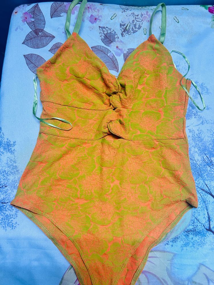 ZARA Cut -Out  Bodysuit Orange- Green Size S
