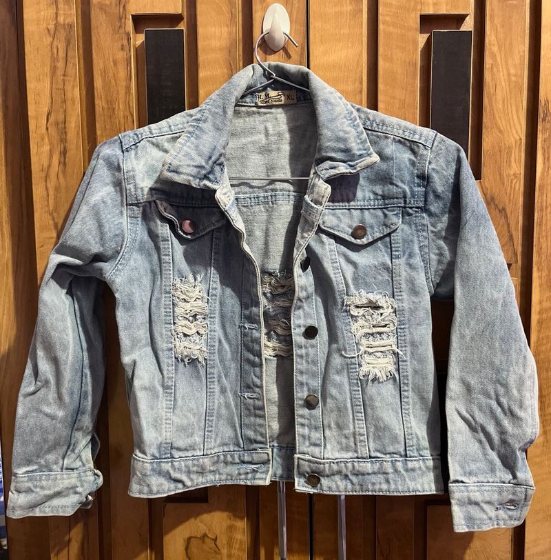 Distressed Dark Blue Crop Denim Jacket