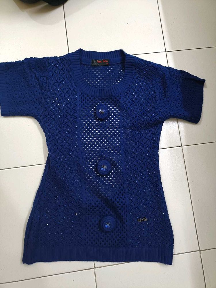 Blue Crochet-Style Woolen Top – Layering Piece
