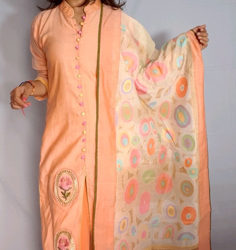 Price Drop!!!! Peach Color Partywear Full Suit With Dupatta