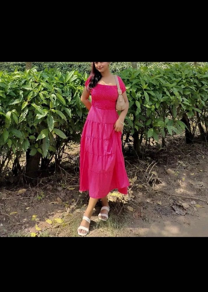 Magenta Smocked Tiered Midi Dress