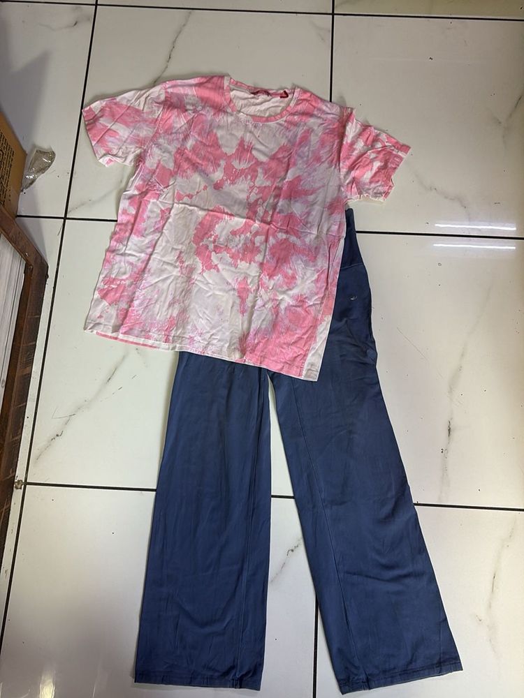 Pink Tie-Dye Tee &amp; Blue Pants Set