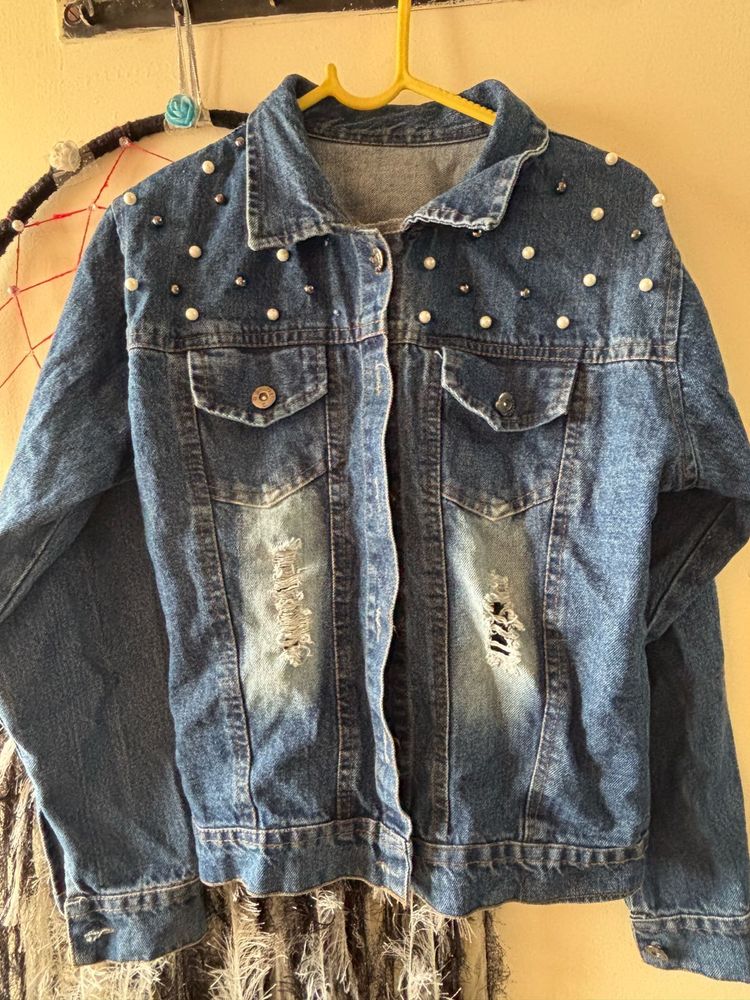 Denim Jacket with Pearl Detail