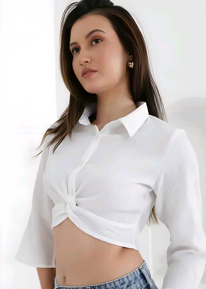 White Knotted Crop Shirt