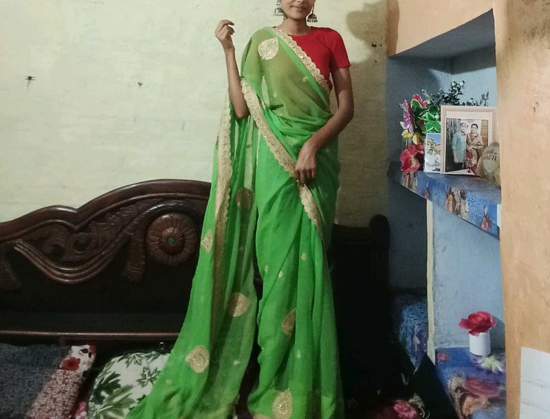 Green Saree with stiched  Blouse