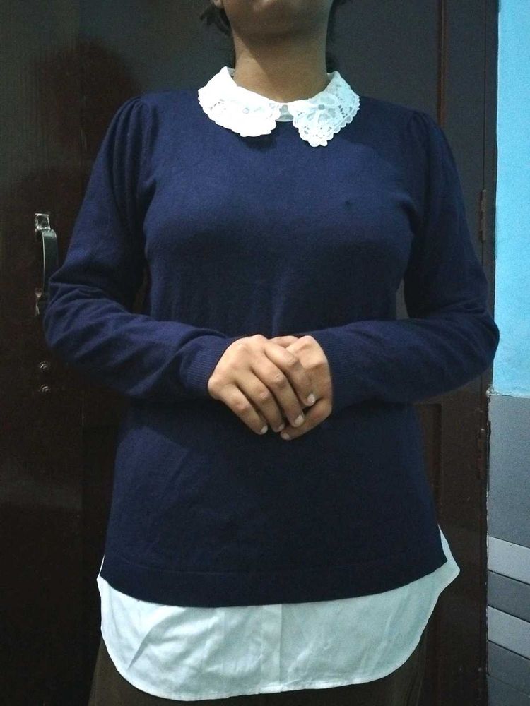 Navy Blue Sweater with Lace Collar