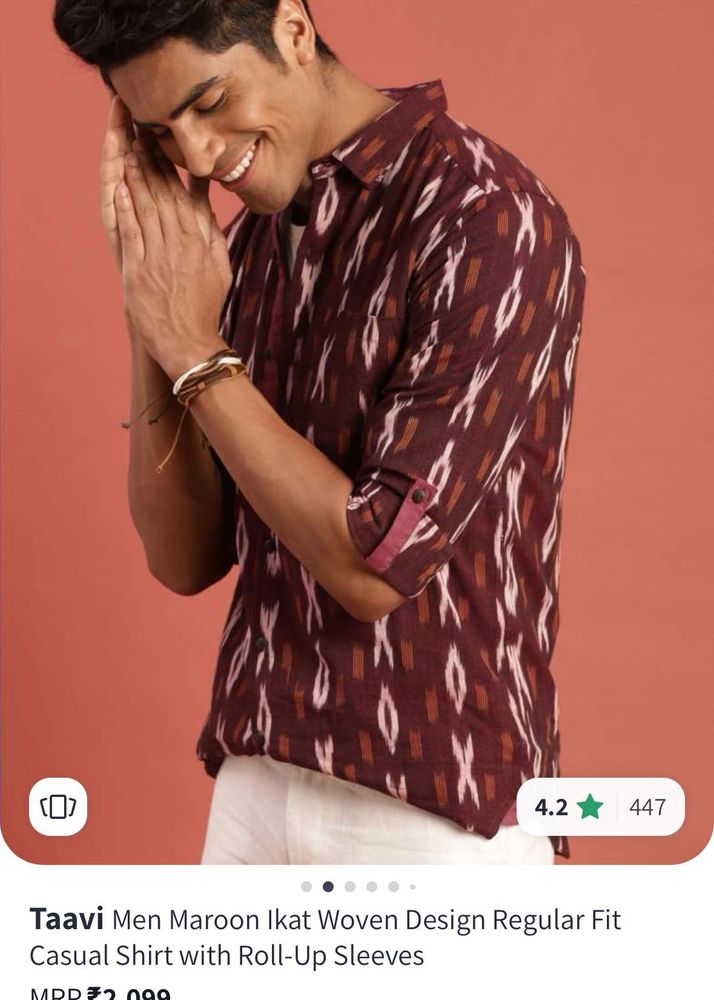 Taavi Men Maroon Ikat Woven Design Regular Fit Cas