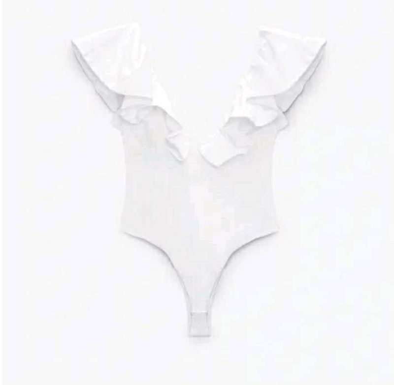 ZARA White Ruffle Bodysuit Top