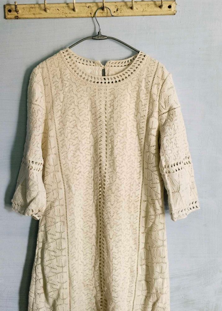 Elegant Cream Crochet Lace Midi Dress