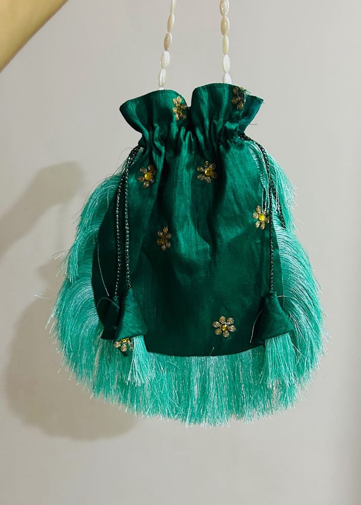 Emerald Green Floral Fringe Potli Bag