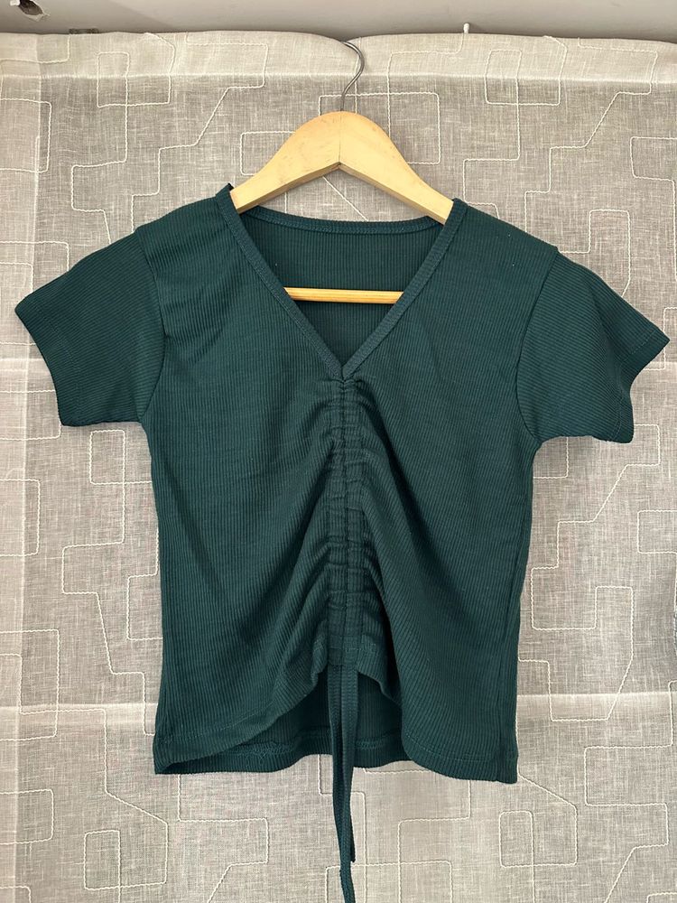 Green Ruched V-Neck Top