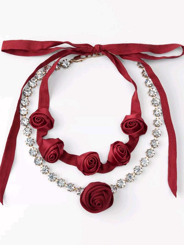 ZARA Red Rose Ribbon &amp; Rhinestone Necklace